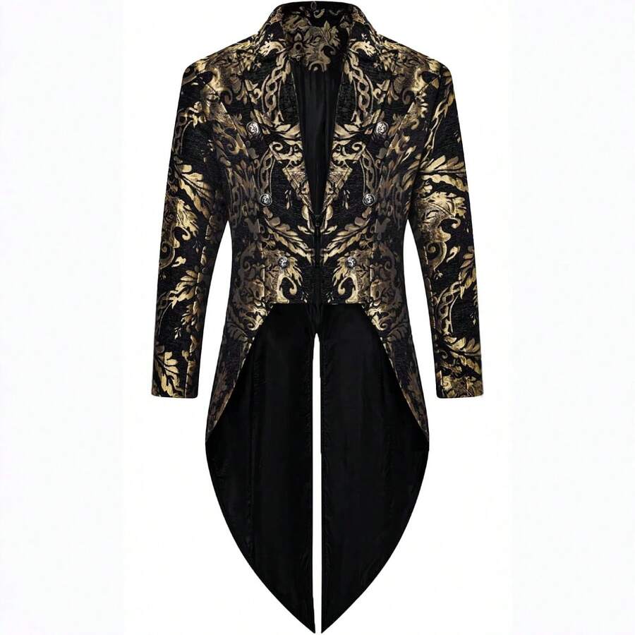 2026 Men's Gothic Steampunk Tailcoat Jacket Black Brocade Wedding Coat - 金色 - 查看 1