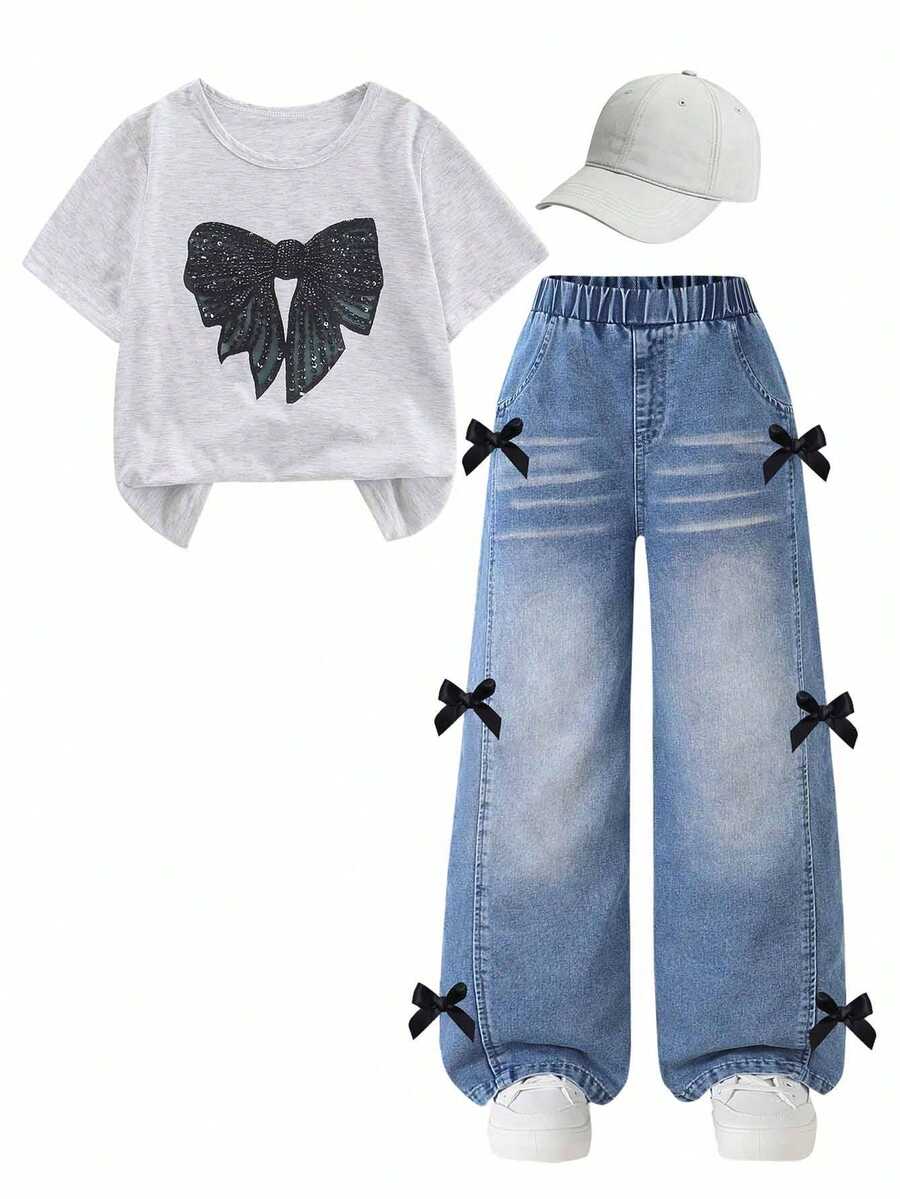 2pcs Girls Outfit Set, Butterfly Print Round Neck Short Sleeve T-Shirt Top And Blue Loose Wide Leg Jeans Pants, Fashion New Spring/Summer 2026 - Grey - View 1
