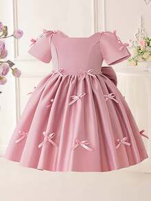 Young Girls' Short Sleeve Faux Pearl Bow Satin Elegant Birthday Party Dress, Suitable For Flower Girl, Wedding, Graduation, Prom, Faux Pearl Decor, Headband Not Included - Dusty Pink - View 8