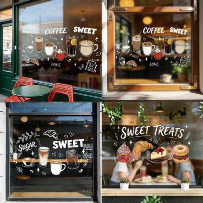 1/3pcsCoffee And Dessert Window Stickers, Reusable PVC Electrostatic Adsorption, Suitable For Cake Shops, Coffee Shops, Restaurant Window Decorations, And Opening Gifts.