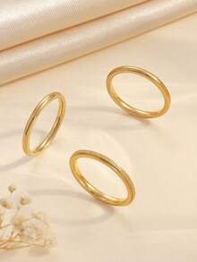 Set de 3 anillos minimalistas de acero inoxidable dorado, adecuado para uso diario de mujeres o como regalo - Amarillo Oro - Ver 3
