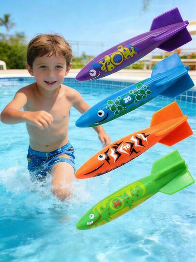 4件套夏季户外游泳池潜水玩具套装，包括水下潜水草玩具、沉水潜水圈和鱼雷玩具，专业浮潜训练工具，适合儿童游泳池水上游戏和家庭户外互动游戏