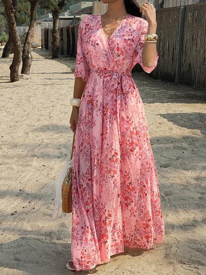 PoPoHouse Women's Elegant Romantic Ditsy Floral Waist Tie Summer Dress, Beach Holiday Ladies Outfit