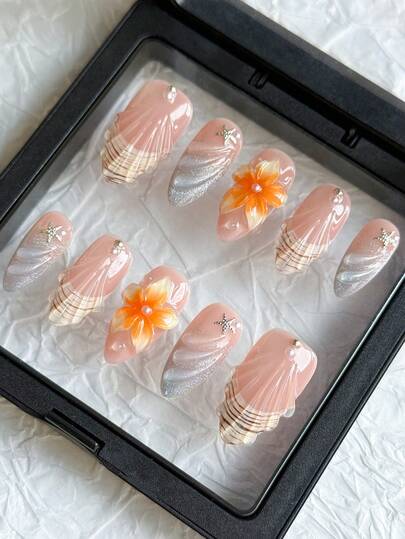 10pcs Almond-Shaped Handmade Nail Stickers, Gray Cat Eye Shell French Tips, 3D Floral, Embossed Decor, Shimmery Vacation Style False Nails, Suitable For Spring/Summer Daily, Vacation, Travel Decoration, Includes Adhesive Tape And Nail File