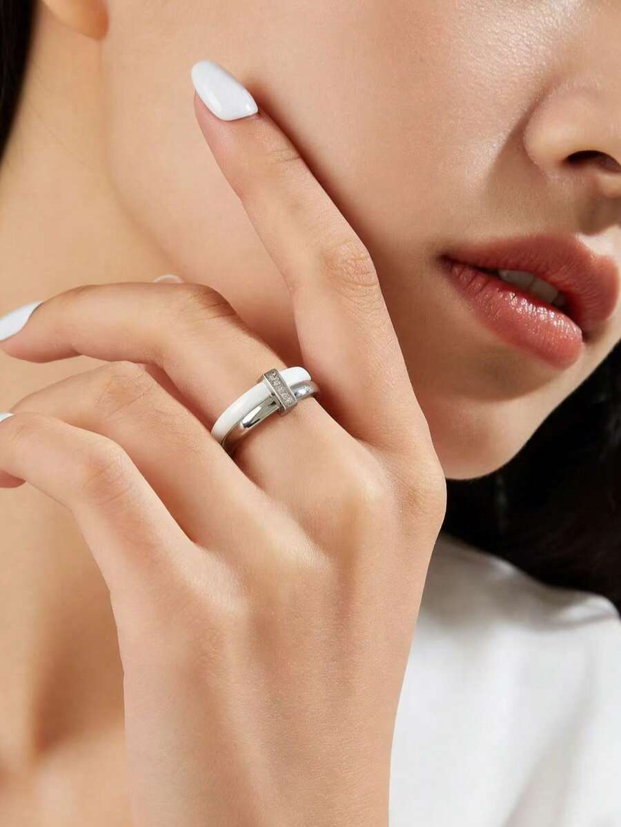 1pc Stainless Steel & Ceramic Cubic Zirconia Ring, Women's Jewelry, Wedding Party & Date Gift - Silver - View 1