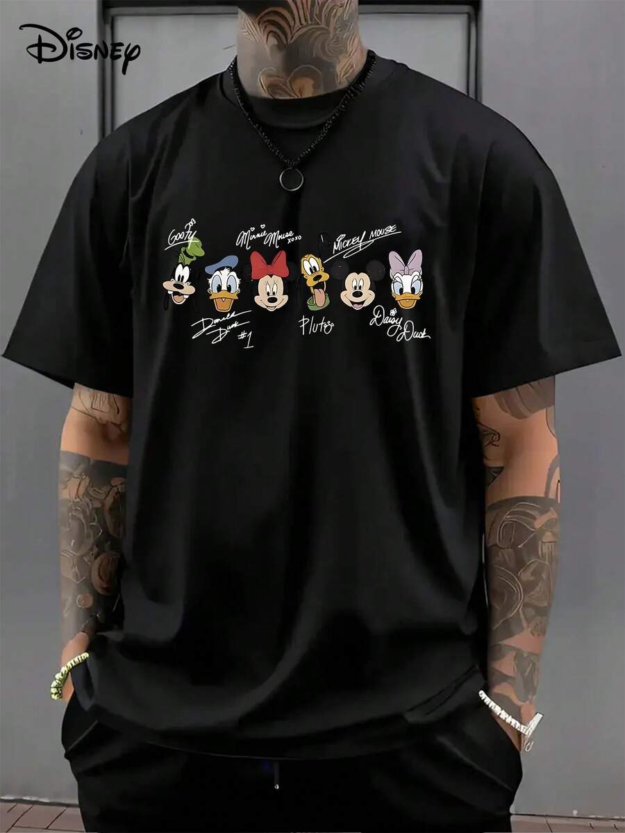 Disney Mickey Mouse And Friends Signed Cotton T-Shirts-Donald Duck, Proto And Goofy Patterns, White Short-Sleeved Round Neck Casual Summer Shirt, Machine Washable, Cartoon Design, Comfortable. - 黑色 - 查看 1
