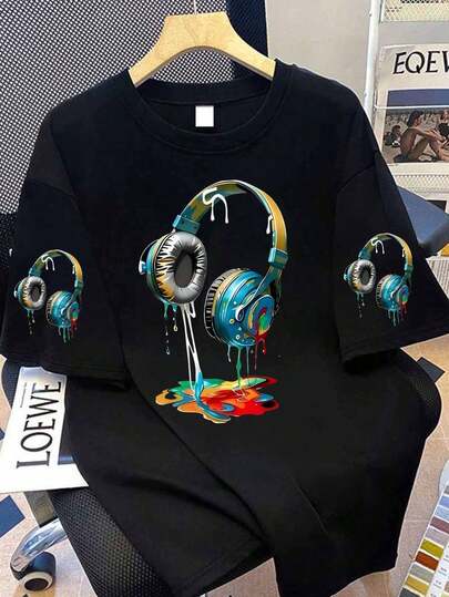 Plus Size Women's T-Shirt With Vibrant Headphone Graphic Print – Casual Street Style, Short Sleeve, Round Neck, Machine Washable, Perfect For Summer Fashion And Casual Attire Black