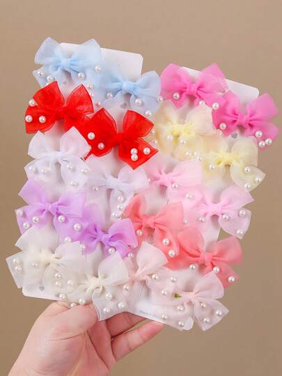 10pcs Girls Colorful Pearl Mesh Bow Hair Clips, Double-Layer Butterfly Barrettes, Minimalist Side Bangs Clips, Sweet & Versatile, Suitable For Daily Use & Gift