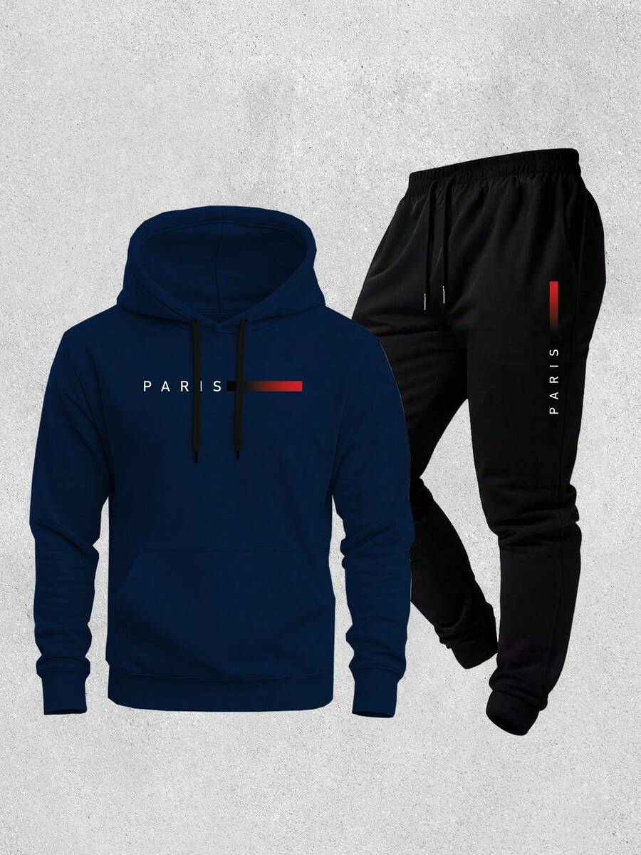 New Paris Print Warm Sweatshirt And Pants Set, Comfortable Autumn/Winter Loose Fit, Drawstring, Pockets, And Hood. - Navy Blue - View 1