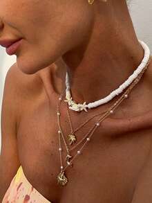 2pcs/Set Seaside Holiday Style Starfish, Shell, Plumeria Pendant Necklace, Elegant Luxury Vacation, Casual Daily, Party, Couple Date, Women's Festival Birthday Versatile Jewelry Gift - Necklace - View 9