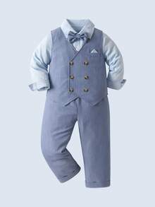 BOARNSEORL 3pcs Young Boys Gentleman Outfit Set: Long Sleeve Shirt With Bow Tie, Blue Vest, And Blue Pants, Fashionable And Stylish For Birthday Party, Wedding, Anniversary Celebration - Blue - View 3