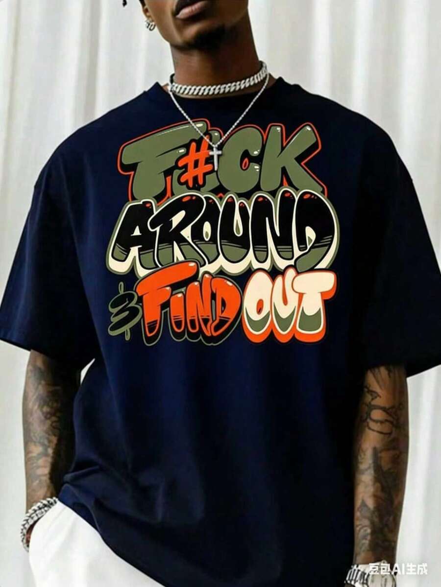 "F@K AROUND & FIND OUT" Graphic T-Shirt - 180g Heavy Cotton Crew Neck T-Shirt With Bold Orange And Green Graffiti Print, Breathable Short Sleeve Shirt For Summer, Casual Streetwear And Outdoor Activities, Everyday Wear Shirt Street Fashion Comfortable Fit, Everyday Wear, Match With Shorts, Outdoor Sports, Golf, Fishing Activities, Sports Shirt, Great Gift, Graphic T-Shirt, T-Shirt-White And Navy Off-The-Shoulder Cropped Top - 藏青色 - 查看 1