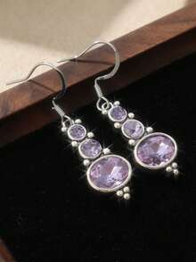 1 Pair Classic & Elegant Women's Earrings, Inlaid With Purple Cubic Zirconia, Round Pendant Earrings, Suitable For Wearing On Holidays And Weddings, Refined Feminine Accessory, Ideal Holiday Gift - Violet Purple - View 2