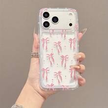 1pc Sweet Girl Style Pink Bow Transparent Full Coverage Phone Case - Clear - View 1