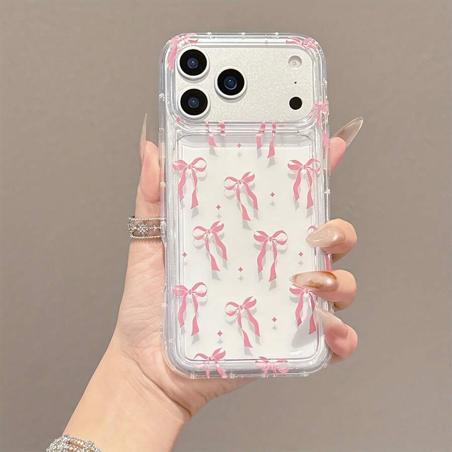 1pc Sweet Girl Style Pink Bow Transparent Full Coverage Phone Case - Clear - View 1