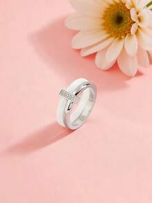 1pc Stainless Steel & Ceramic Cubic Zirconia Ring, Women's Jewelry, Wedding Party & Date Gift - Silver - View 2