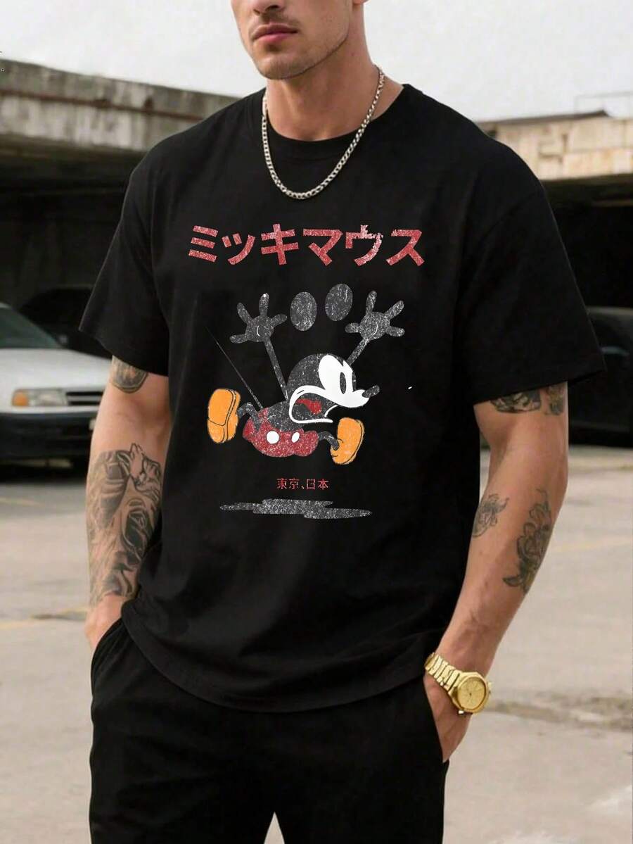 Men's Disney Casual T-Shirt, Tokyo Mickey Mouse Japanese Print, Vintage Distressed Design, Comfortable Soft Fabric, Perfect For Disney History Fans - 黑色 - 查看 1