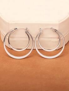 1 par de pendientes de aro redondo de doble capa para mujer, adecuados para uso diario - plata - Ver 3