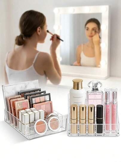 2pcs Acrylic Makeup Storage Box - Suitable For Vanity, Bathroom Counter - Perfect For Lipsticks, Eyeshadow Palettes, Skincare - 2-In-1 Drawer And Brush Holder Solution