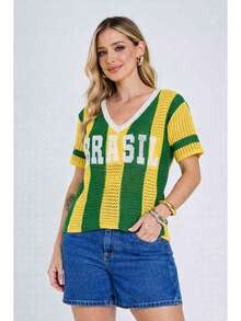 Brazil Women's Knit Crochet Shirt With V-Neck, World Cup Style, Green And Yellow Blouse, Brazilcore Fashion, National Team, Knit Fabric, Mesh, Openwork Fabric, Pointelle Knit, Holidays, School - 黃色 - 查看 4