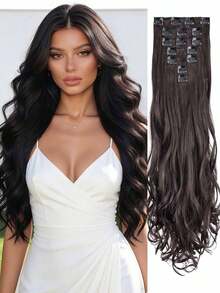 18-30 Inch Long Wavy Clip-In Hair Extensions, 7pcs/Set, Thickened Hair Pieces, Invisible Clip Design, Soft Synthetic Fiber, Black, For Women - Black Brown - View 3