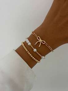 3pcs/Set Geometric Chain Bow Pendant Charm Beaded Bracelet Set, Luxurious & Elegant, Suitable For Wedding, Party, Vacation, Casual Wear, Street Style, Women & Couples, Birthday & Holiday Gift - Bracelet - View 4