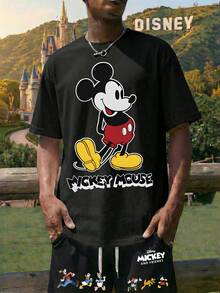 Men's White/Black Crew Neck Short-Sleeved T-Shirt Paired With Drawstring Shorts, Featuring Disney Mickey Mouse Lettering And Mickey Mouse Graphic Print. This Breathable And Comfortable Summer Casual Set Makes A Great Gift For Men. - Black + Black - View 1