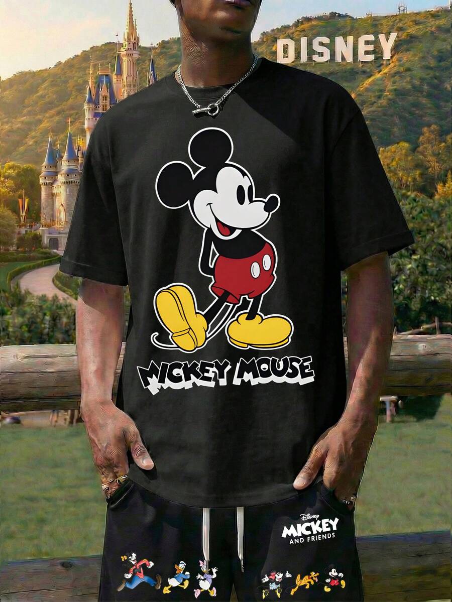 Men's White/Black Crew Neck Short-Sleeved T-Shirt Paired With Drawstring Shorts, Featuring Disney Mickey Mouse Lettering And Mickey Mouse Graphic Print. This Breathable And Comfortable Summer Casual Set Makes A Great Gift For Men. - Black + Black - View 1