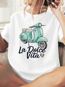 La Dolce Vita Women's Graphic Tee Made Of High-Quality Fabric, Round Neck, Loose Fit, Comfortable, Eye-Catching Print - 白色 - 查看 1