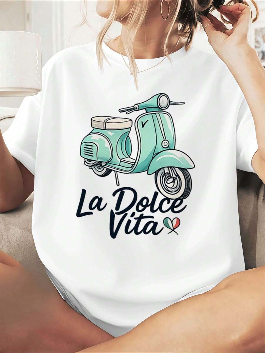 La Dolce Vita Women's Graphic Tee Made Of High-Quality Fabric, Round Neck, Loose Fit, Comfortable, Eye-Catching Print - 白色 - 查看 1