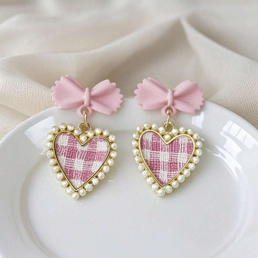 Sweet Checkered Love Bow Earrings, Fashionable And Versatile Imitation Pearl Earrings, Fashionable Jewelry Accessories, Give Her A Gift - 粉色 - 查看 1