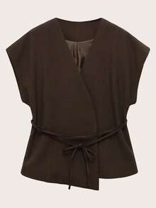 Women's Casual Commuter Solid Color Criss-Cross Waist Belt Vest, Spring/Autumn Summer - Coffee Brown - View 1