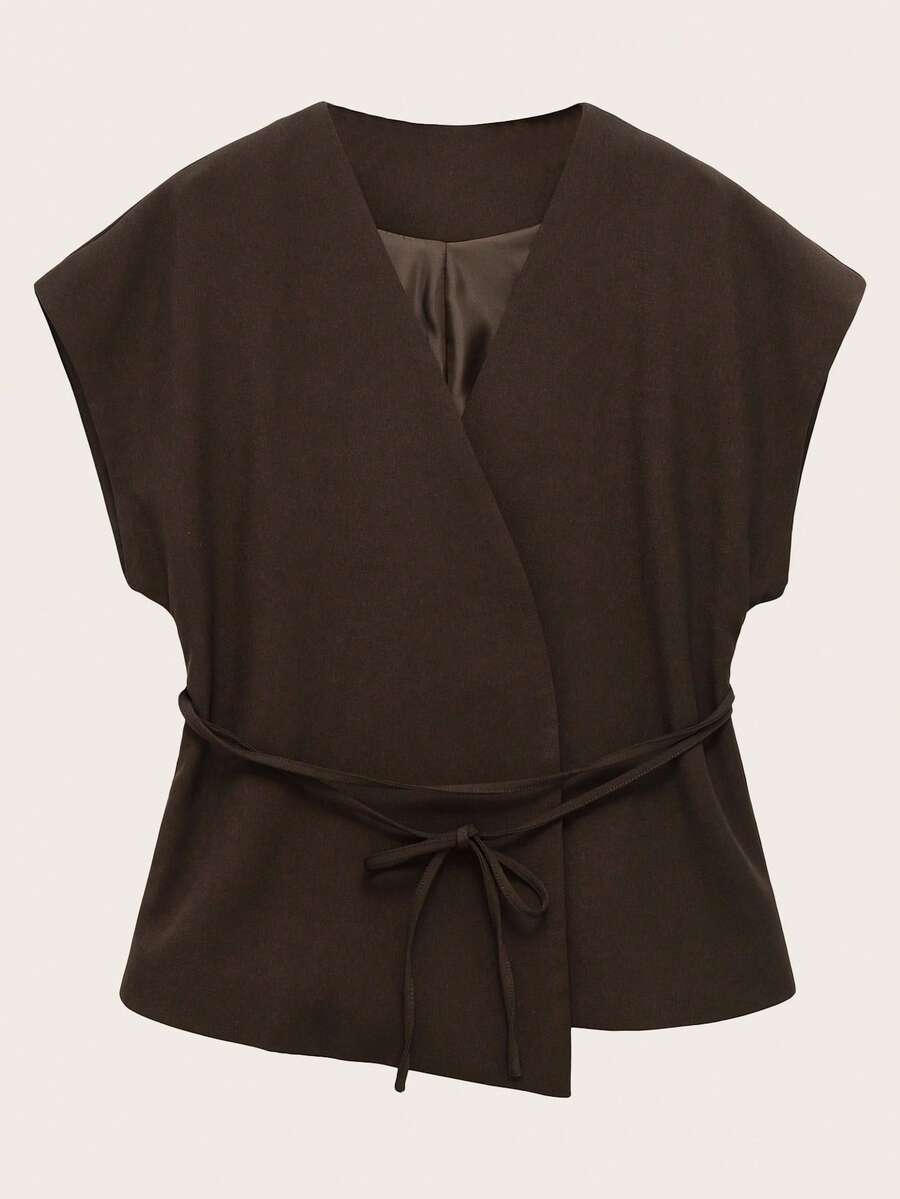Women's Casual Commuter Solid Color Criss-Cross Waist Belt Vest, Spring/Autumn Summer - Coffee Brown - View 1
