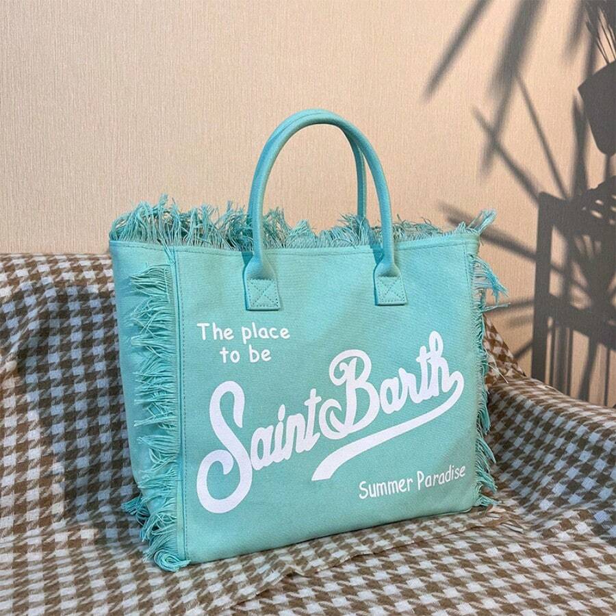 New Spacious Shoulder Bag, Handcrafted With Fringe And Denim Print, Ideal For Beach Trips, Commuting To Work And Everyday Use. - Mint Green - View 1