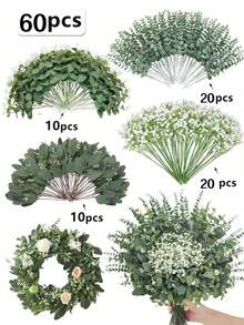 30/60片人造尤加利叶茎，仿真绿植，适用于婚礼花束、花环、花瓶插花、家居装饰、卧室装饰、花园装饰 - 綠色1 - 查看 9