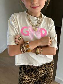 Tween Girls Students Casual Printed Round Neck Short Sleeve T-Shirt, Summer Top - Apricot - View 8