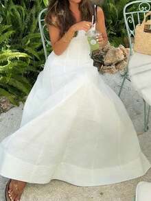 无袖V领A字优雅女士沙滩婚礼派对连衣裙，适合新年、情人节、毕业典礼、海滩装扮 - 白色 - 查看 3