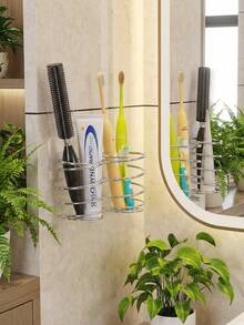 Stainless Steel Wall-Mounted Spiral Toothbrush & Toothpaste Holder, Rust-Proof Bathroom Storage Rack For Electric Toothbrush, Makeup Brushes, Combs - No Nails Required - Multicolor - View 4