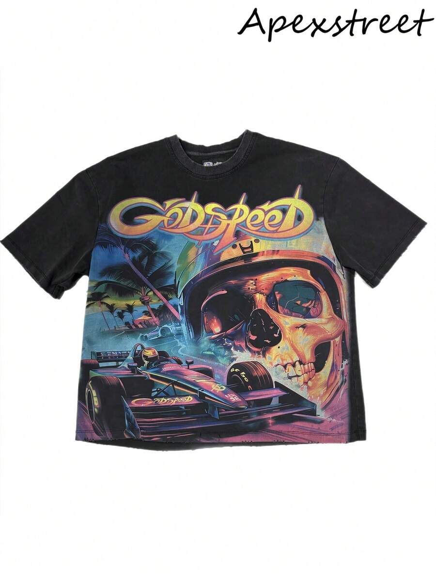 Godspeed F1 Dreams T-Shirt, High Quality Thick Heavyweight, New Autumn Fashion For Men, Premium Cotton Fabric, Suitable For Street Style, Machine Washable, Daily Gift - 黑色4 - 查看 1