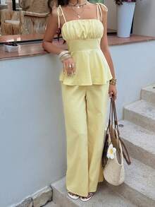 PoPoHouse 女士优雅两件套，系带荷叶边吊带背心 + 宽松阔腿裤，休闲通勤、办公室、海滩度假日常穿搭，黄色夏季款 - 黃色 - 查看 11