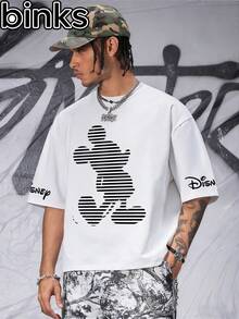 Disney Binks (Double-Sided Printing): A Mickey Mouse Retro Striped Cartoon Printed Short Sleeved T-Shirt, A High Street  Loose Short Sleeved T-Shirt. Spring And Summer Fashionable Versatile Top, Holiday Gift, Vintage Print. - 白色 - 查看 1