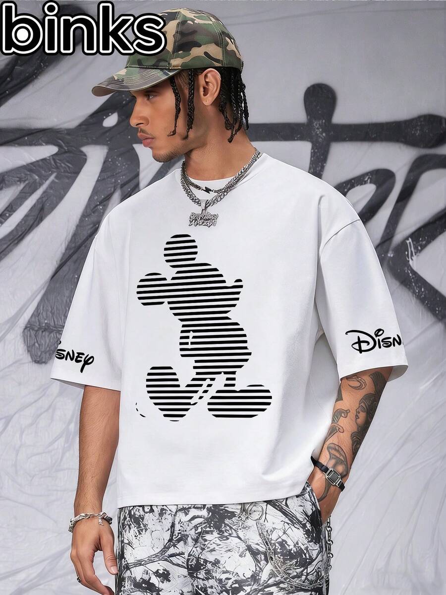 Disney Binks (Double-Sided Printing): A Mickey Mouse Retro Striped Cartoon Printed Short Sleeved T-Shirt, A High Street  Loose Short Sleeved T-Shirt. Spring And Summer Fashionable Versatile Top, Holiday Gift, Vintage Print. - 白色 - 查看 1