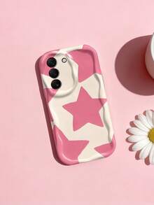 1pc Creative Pink Star Wavy Shaped Screen Edge Protective Phone Case Compatible With Apple 7/8/X/XR/XS Max/11/12/13/14/15/16/17 Pro Max, Galaxy A14/A15/A16/A17/A04/A05/A06/A07/A54/A55/A56/A57/A34/A35A/36/A37/S26/S26 Plus/S26 Ultra, Transsion SMART7/8/9/10 - Creamy White - View 1
