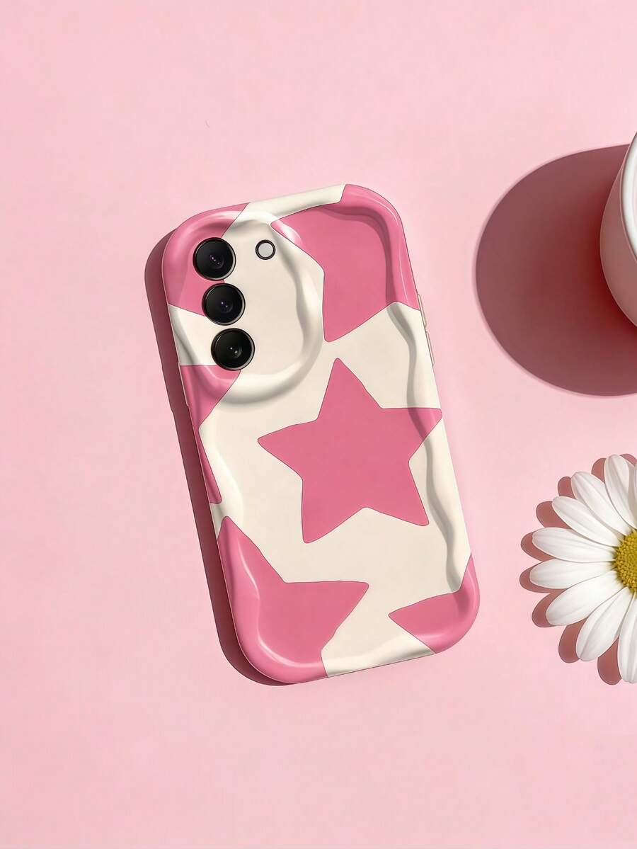 1pc Creative Pink Star Wavy Shaped Screen Edge Protective Phone Case Compatible With Apple 7/8/X/XR/XS Max/11/12/13/14/15/16/17 Pro Max, Galaxy A14/A15/A16/A17/A04/A05/A06/A07/A54/A55/A56/A57/A34/A35A/36/A37/S26/S26 Plus/S26 Ultra, Transsion SMART7/8/9/10 - Creamy White - View 1