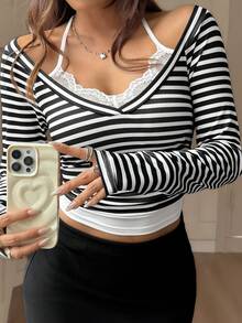 GLOpass 休闲条纹蕾丝边撞色V领二合一女式上衣，系带长袖T恤，适合日常通勤 - 黑與白 - 查看 5