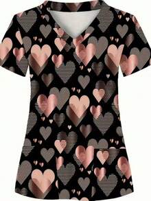 Plus Size Black Rose Gold Heart Print V-Neck Short Sleeve Woven Work Blouse Spring Fall - Multicolor - View 4
