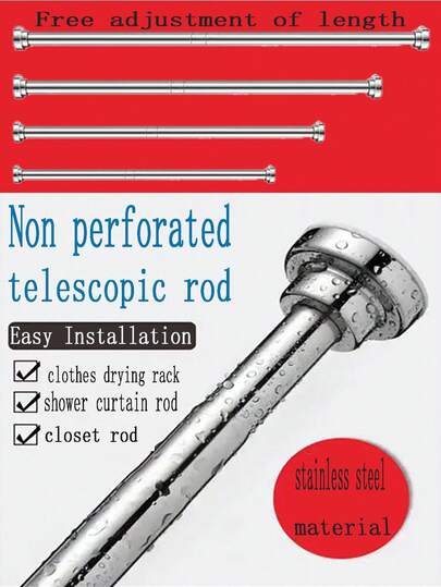 1pc Stainless Steel Extendable Curtain Rod, Super Long No-Drill Installation Curtain Rod, Wardrobe Hanging Rod, Extendable Rod, Drying Rack, Hanger Rod, Whisk Hanger Rod, Ladle Hanger Rod, Stainless Steel Material