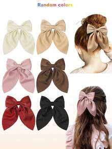 6pcs Girls Autumn Satin Ribbon Bow Hair Clips, Neutral Color Hair Accessories - Multicolor - View 2