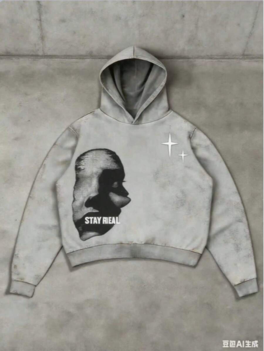 Manfinity Streetrush Men's Face & Letter Print , Casual Minimalist Graphic Streetwear Pullover Sweatshirt2025 - Màu Xám nhạt - Xem 1