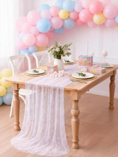 1pc Pearl Tulle Mesh Babe Shower Table Runner, Birthday Party Decoration Table Cloth, Wedding Holiday Table Decoration, Gender Reveal Party Background Decoration Supplies, Baby Shower Table Decoration Table Cover, 1st Birthday Room Decoration, Party Scene Decoration, Party Favors, Gender Reveal Decoration, Gender Reveal Gift, Festive Decor Supplies,Dining Table Decorations,Party Favors,Valentine's Day,Decor For Home